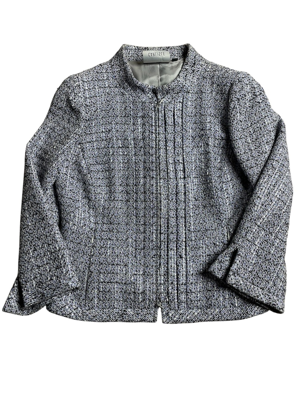 Carlisle Women's 8 Tweed Bouclé Jacket – Blue Gray Purple Collarless Zip